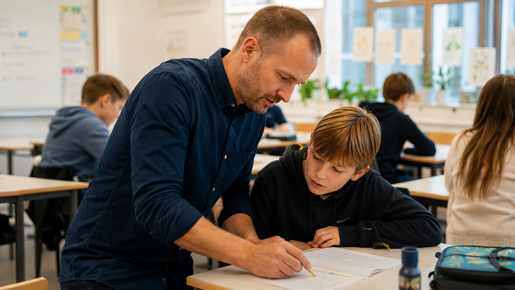 Underviser hjælper elev i et klasselokale