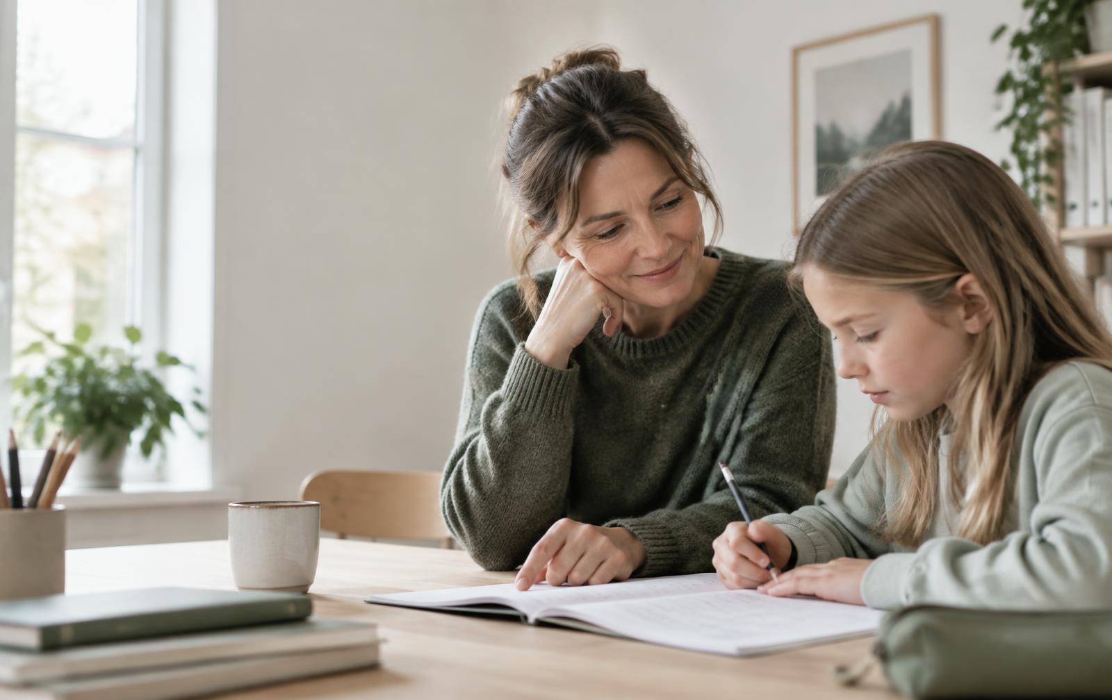 Underviser hjælper et barn med skolearbejdet
